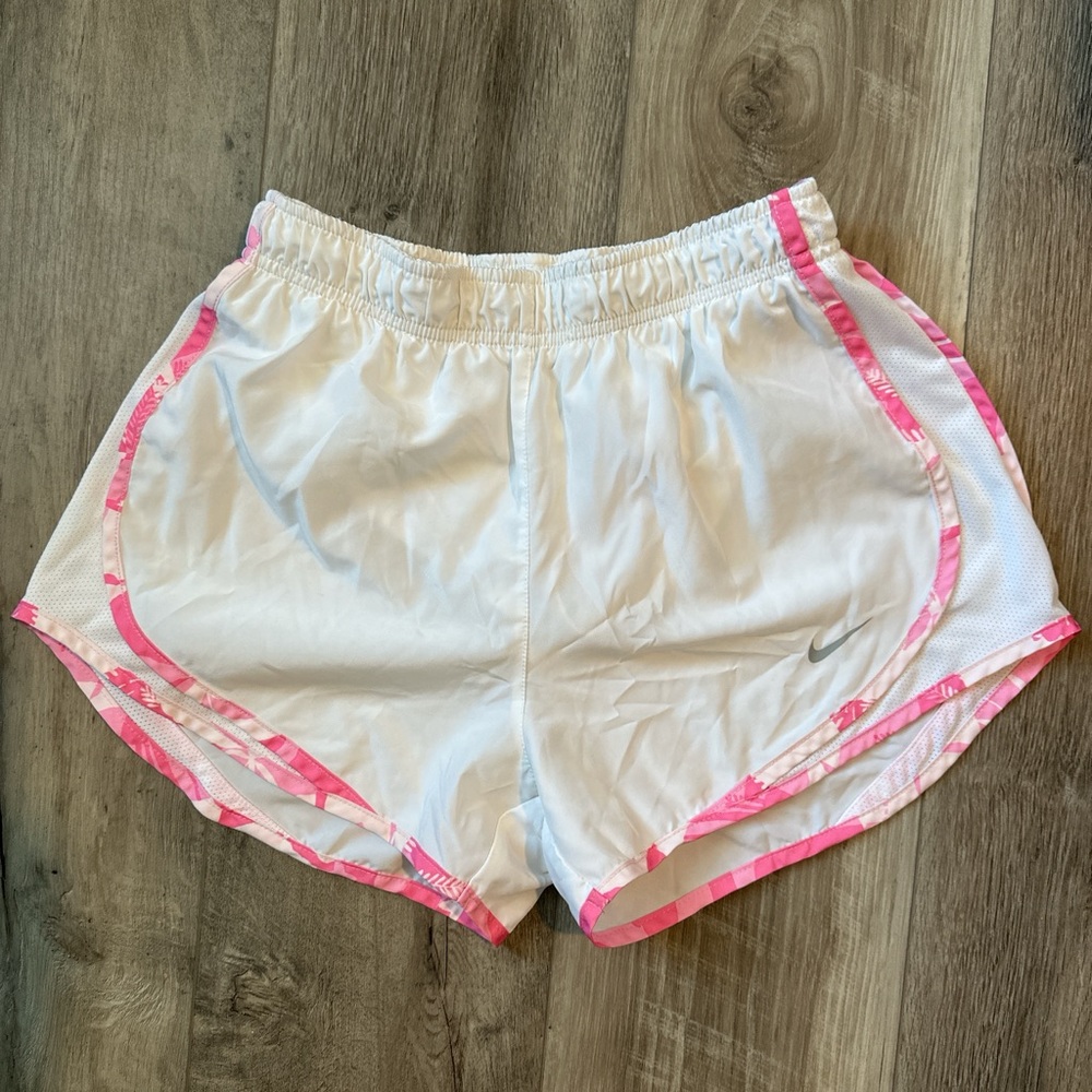 Nike Dri-Fit white and pink running shorts, 3 inch, lined, drawstring, like new!